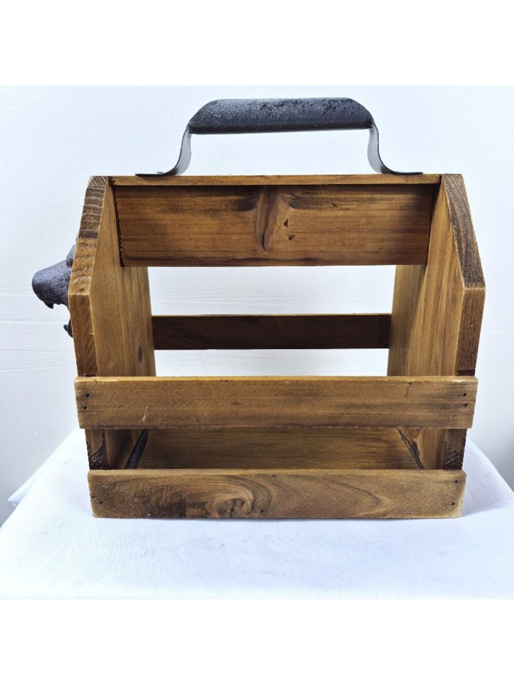 Handcrafted Rustic Wooden Caddy With Cast Iron Bear Bottle Opener & Handle - 9.5